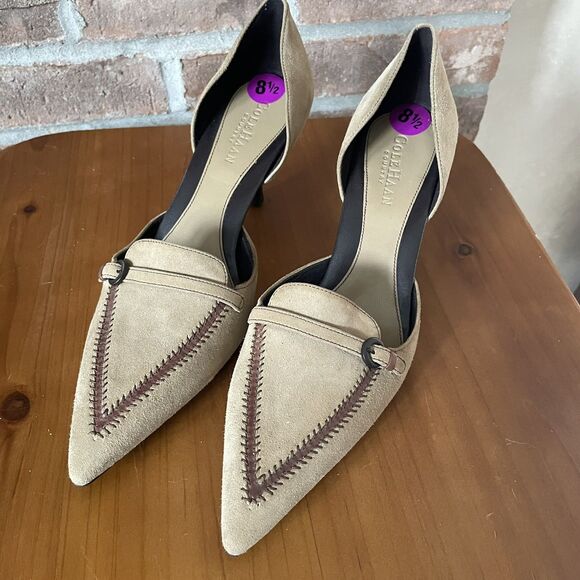 NEW Cole Haan Country 8.5B Taupe D'Orsay Point Pumps Kitten Heels Suede Trim - Picture 1 of 13